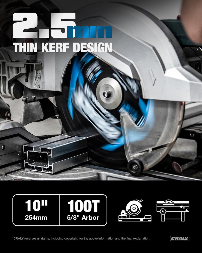 CRALY 10 Inch 100 Teeth Aluminum and Non-Ferrous Metal Cutting Circular Saw Blade, 5/8 Inch Arbor, Carbide Tipped, Thin Kerf, Black Ice™ Coating, for Thin Aluminum, Plastic, Composite(C10100AL) - Image 2